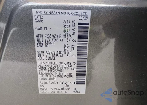 2020 Nissan Pathfinder S 2Wd из США, поврежденный, VIN 5N1DR2AN6LC587350